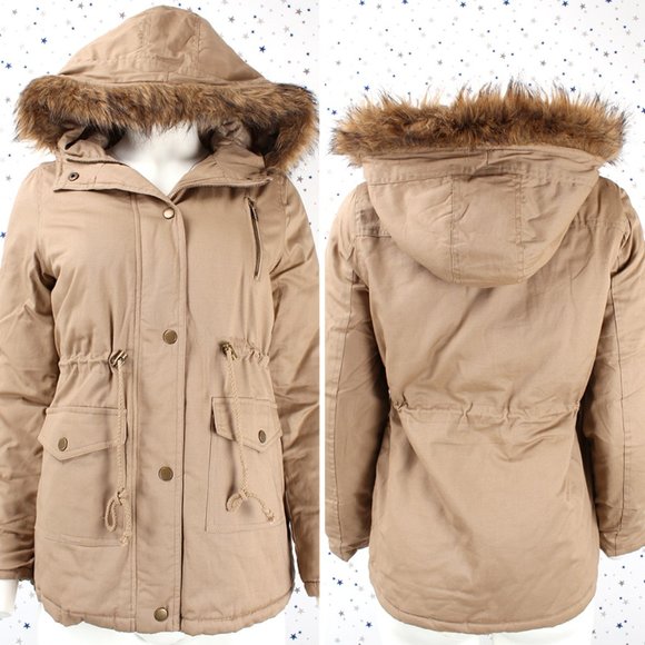 Khaki Faux Fur Hooded Utility Parka Jacket - Picture 1 of 8